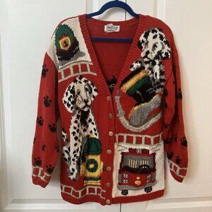 Vintage Feeling Handknit Cardigan Womens S Dalmation Firetruck Sweater Red Ramie